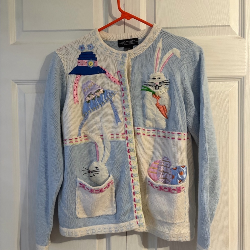 All Points by Reference Point womens white knit cardigan Easter sweater Med Vtg